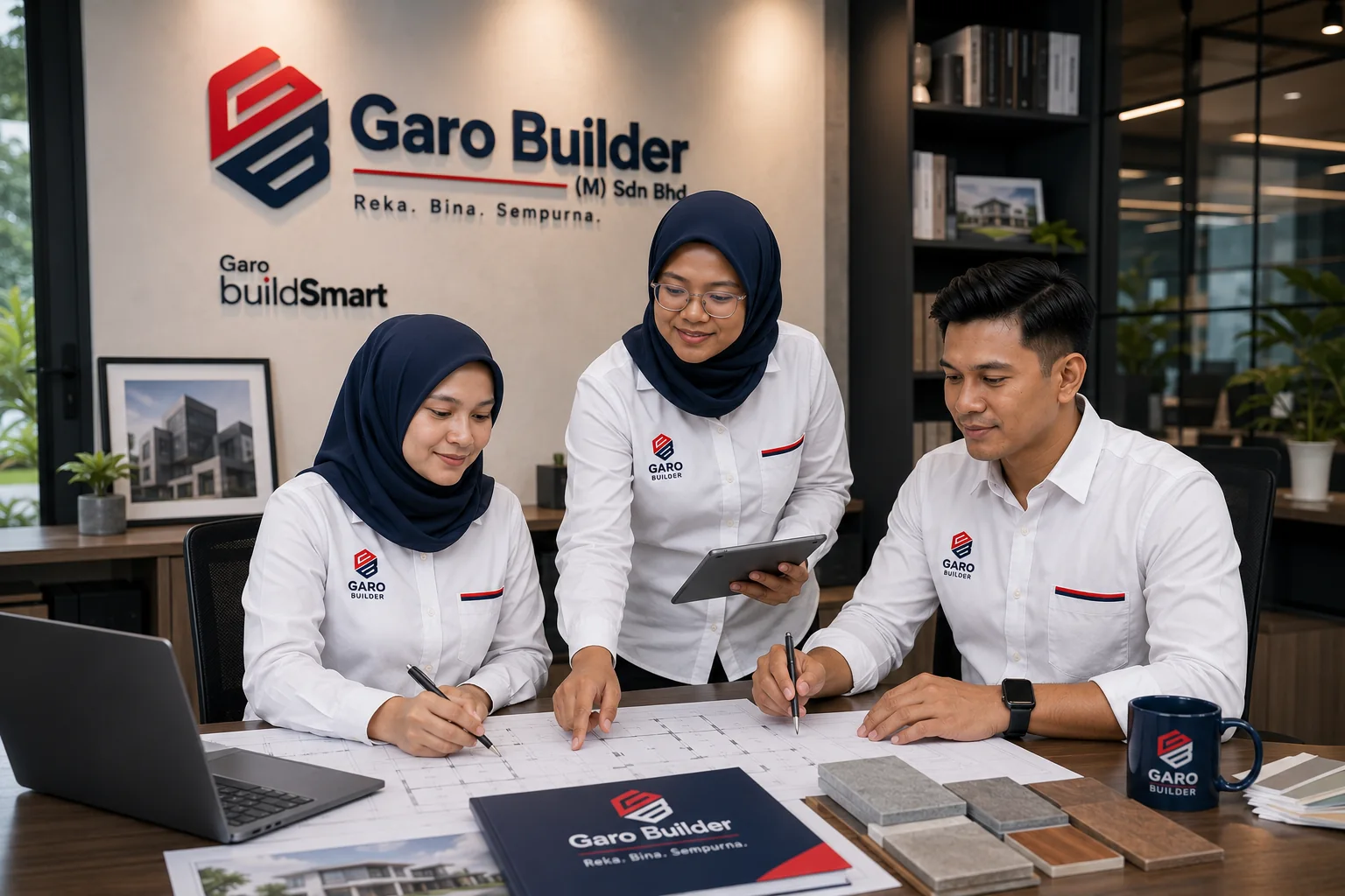 Team GARO menyemak pelan rumah, spesifikasi dan keperluan anda dalam sesi koordinasi projek